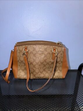 Coach Signature Canvas Shoulder Bag in Tan and Saddle